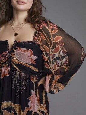 Anthropologie Let Me Be Babydoll Mini Dress Sheer Sleeves Tie Back Dark Floral L